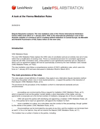 A look at the Vienna Mediation Rules  26/09/2016  Dispute Resolution analysis: The new mediation