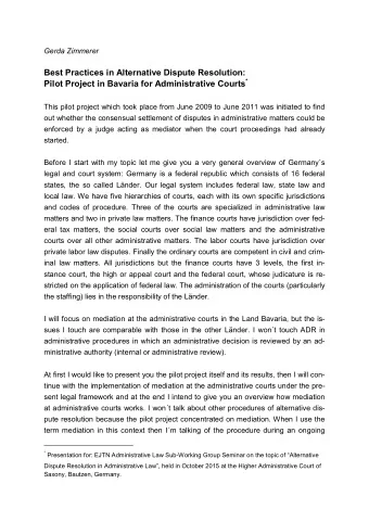 Best Practices in Alternative Dispute Resolution: Pilot Project in Bavaria for Administrative
