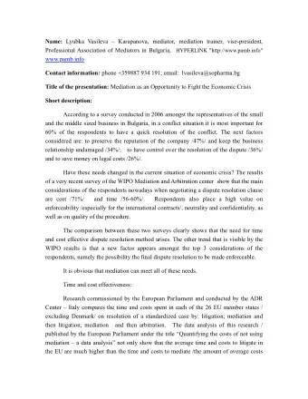 Name: Lyubka Vasileva  Karapanova, mediator, mediation trainer, vise-president, Professional