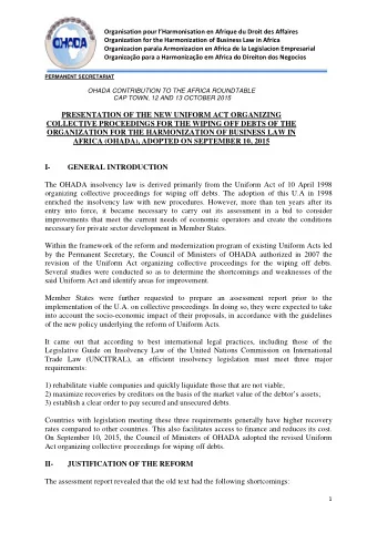 PRESENTATION OF THE NEW UNIFORM ACT ORGANIZING  COLLECTIVE PROCEEDINGS FOR THE WIPING OFF DEBTS OF