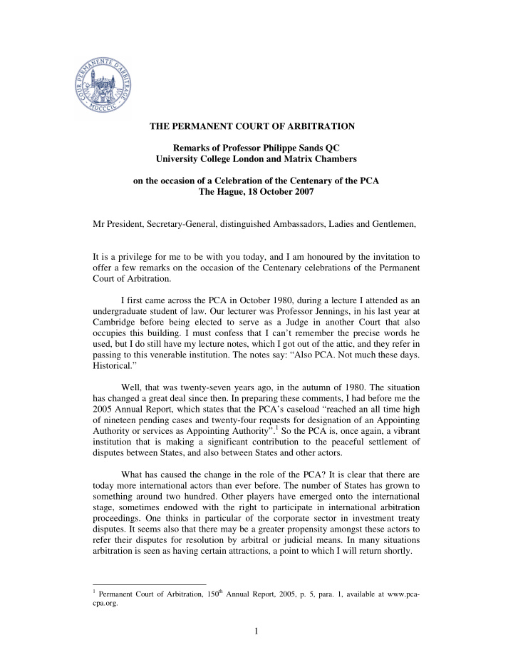 the permanent court of arbitration remarks of professor
