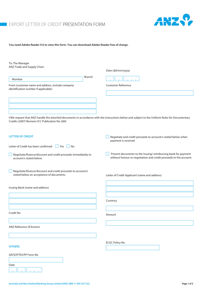 export letter of credit presentation form