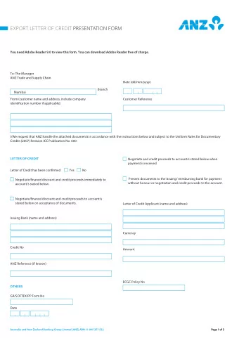 EXPORT LETTER OF CREDIT PRESENTATION FORM  You need Adobe Reader 9.0 to view this form. You can