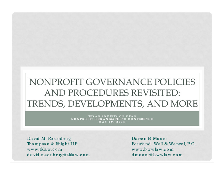 nonprofit governance policies and procedures revisited
