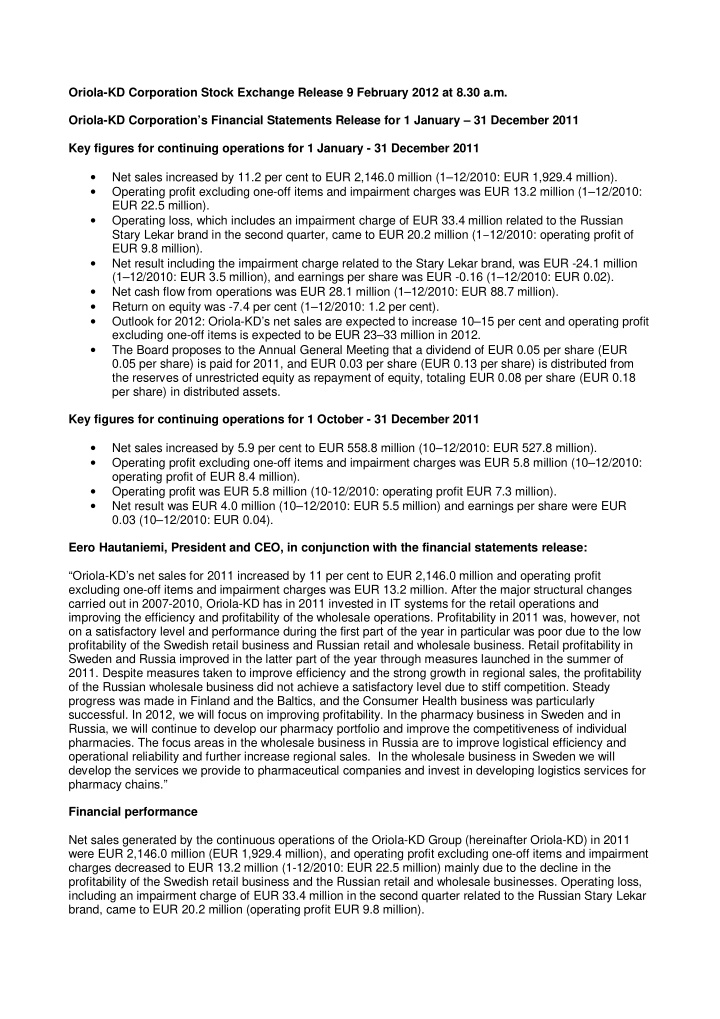 oriola kd corporation stock exchange release 9 february