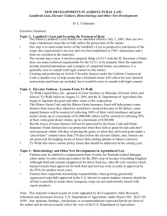 NEW DEVELOPMENTS IN AGRICULTURAL LAW:  Landlords Lien, Elevator Failures, Biotechnology and Other