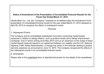 Notice of Amendment of the Presentation of Consolidated Financial Results for the  Fiscal Year