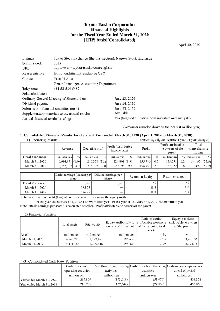 toyota tsusho corporation financial highlights