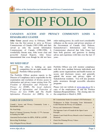 FOIP FOLIO  CANADAS  ACCESS  AND  PRIVACY  COMMUNITY  LOSES  A  REMARKABLE LEADER John Grace