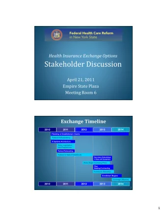 Stakeholder Discussion  April 21, 2011  Empire State Plaza  Meeting Room 6  Exchange Timeline  2010