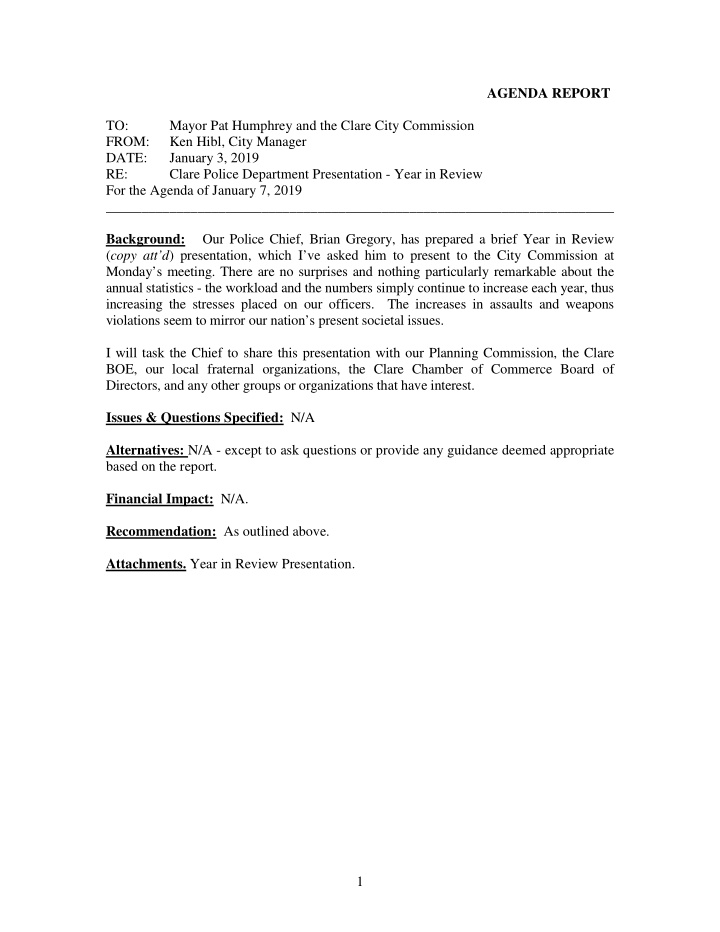 agenda report to mayor pat humphrey and the clare city