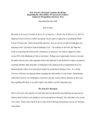 Post- Travelers Decisions Continue the Debate  Regarding the Allowability of Unsecured Creditors