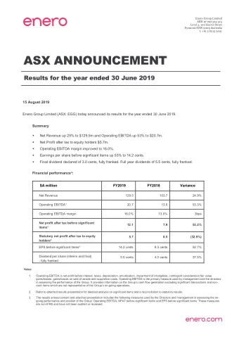 ASX ANNOUNCEMENT  Results for the year ended 30 June 2019  15 August 2019  Enero Group Limited