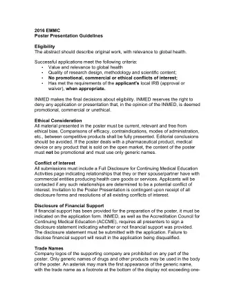 2016 EMMC  Poster Presentation Guidelines  Eligibility  The abstract should describe original work,