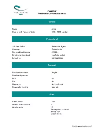 EXAMPLE Presentation prospective tenant  General  Name  Anne  Date of birth / place of birth