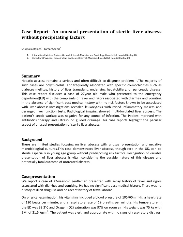 case report an unusual presentation of sterile liver