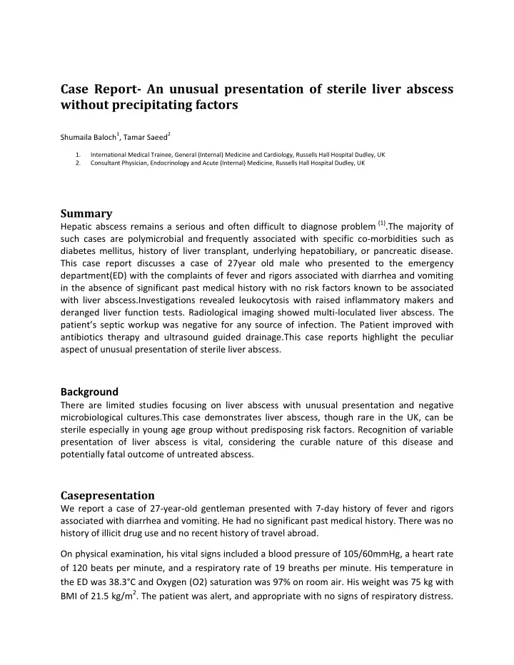 case report an unusual presentation of sterile liver