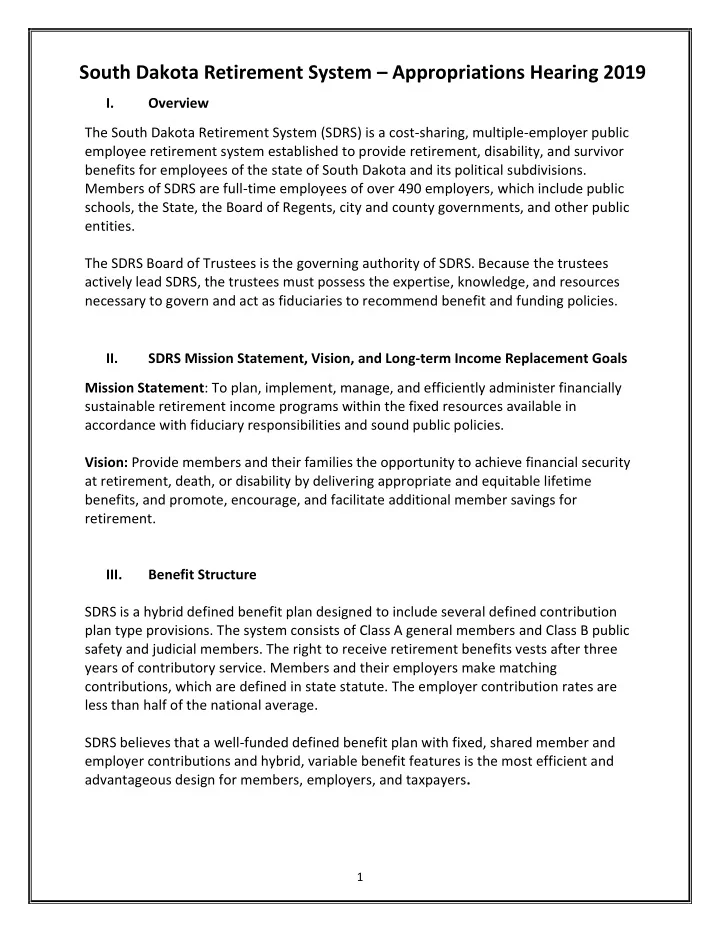 south dakota retirement system appropriations hearing 2019