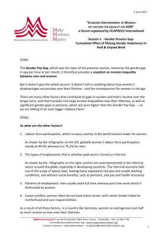 E CONOMIC E MPOWERMENT OF W OMEN : KEY FACTORS FOR EQUALITY FOR 2030  a Forum organized by