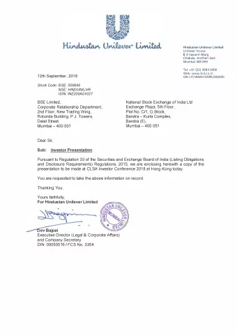 Sub:  Investor Presentation  Pursuant to Regulation 30 of the Securities and Exchange Board of