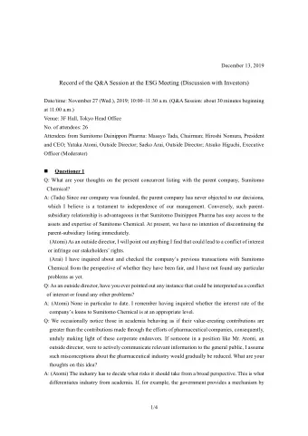 Record of the Q&amp;A Session at the ESG Meeting (Discussion with Investors)  Date/time: November