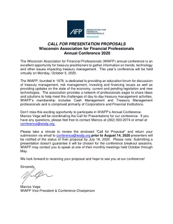 CALL FOR PRESENTATION PROPOSALS  Wisconsin Association for Financial Professionals Annual