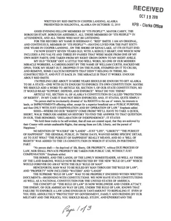 REceIVED OCT 12 2010 WRITTEN BY RED SMITH IN COOPER LANDlNG, ALASKA PRESENTED IN SOLDOTNA, ALASKA