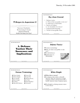 1. Defence  Various terminology  Tactics: Their  Why are firms susceptible to take-  Successes and