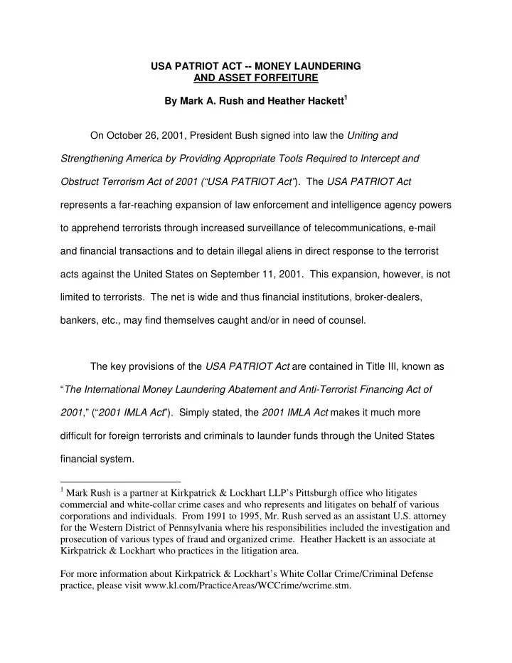 usa patriot act money laundering and asset forfeiture by