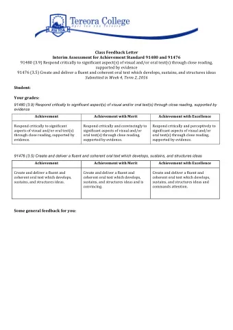 Class Feedback Letter  Interim Assessment for Achievement Standard 91480 and 91476  91480 (3.9)
