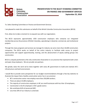 PRESENTATION TO THE SELECT STANDING COMMITTEE  ON FINANCE AND GOVERNMENT SERVICES  September 25,