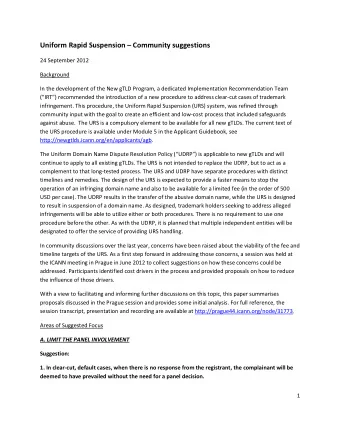 Uniform Rapid Suspension  Community suggestions  24 September 2012  Background  In the