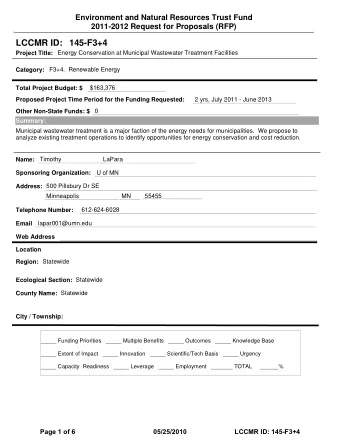 LCCMR ID: 145-F3+4  Project Title:  Energy Conservation at Municipal Wastewater Treatment