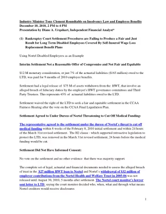 Industry Minister Tony Clement Roundtable on Insolvency Law and Employee Benefits  December 10,