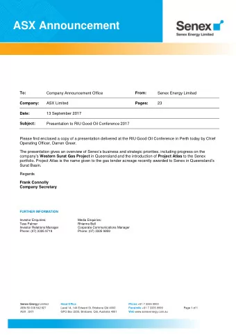 ASX Announcement  To:  Company Announcement Office  From:  Senex Energy Limited  Company:  ASX