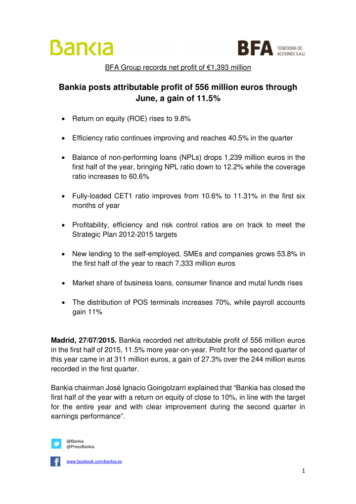 bankia posts attributable profit of 556 million euros