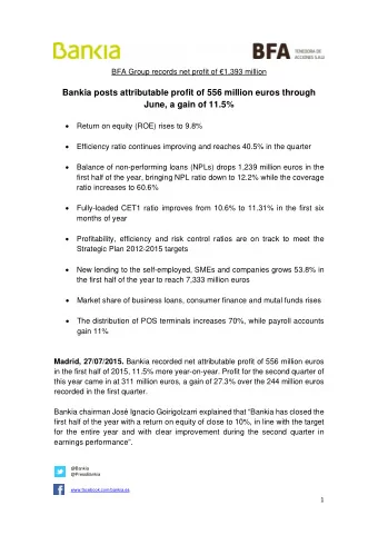Bankia posts attributable profit of 556 million euros through  June, a gain of 11.5%  Return on