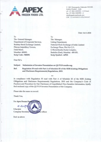 Apex Frozen Foods Limited  CIN: L15490AP2012PLC080067  Q2 FY19 Result  Safe Harbor  This