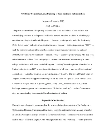 Creditors Committee Lacks Standing to Seek Equitable Subordination  November/December 2007  Mark