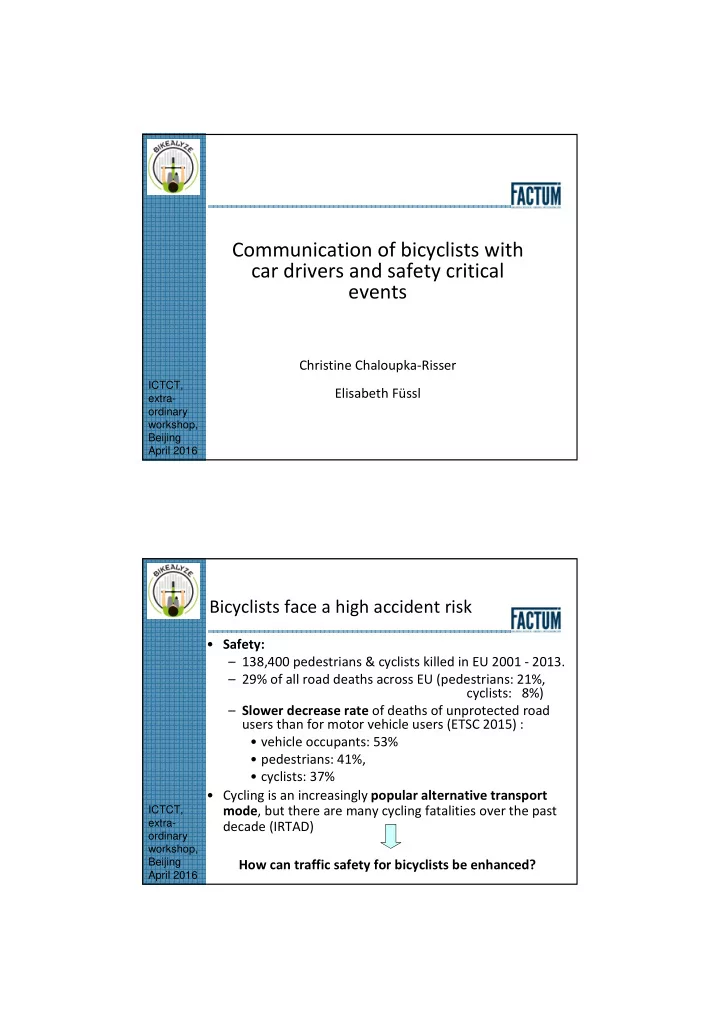 communication of bicyclists with car drivers and safety