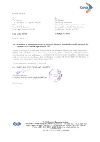 Keva,  October 25, 2019  To  To  The Manager  The Manager  The Department of Corporate Services