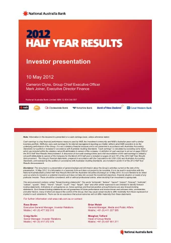 Investor presentation  10 May 2012  Cameron Clyne, Group Chief Executive Officer  Mark Joiner,