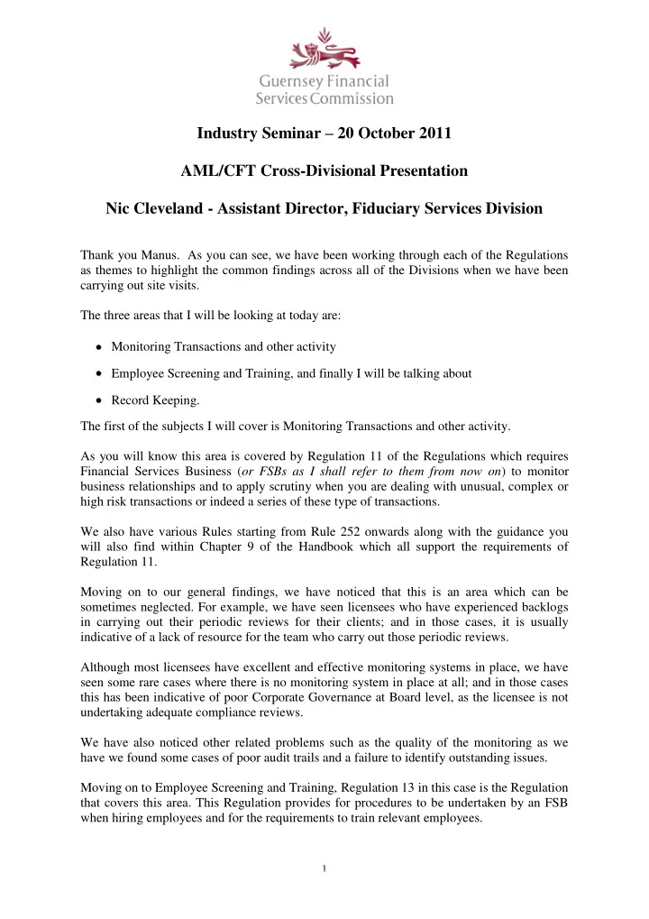 industry seminar 20 october 2011 aml cft cross divisional