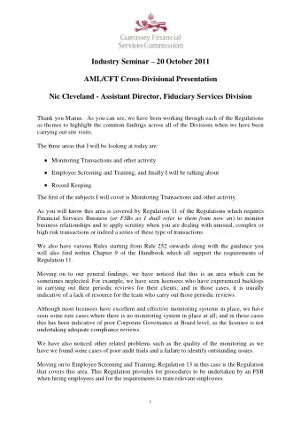 Industry Seminar  20 October 2011  AML/CFT Cross-Divisional Presentation Nic Cleveland -