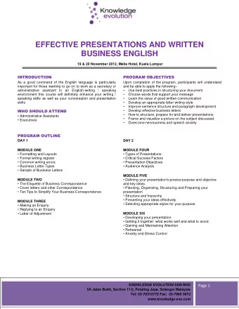 EFFECTIVE PRESENTATIONS AND WRITTEN  BUSINESS ENGLISH  19 &amp; 20 November 2012, Melia Hotel,