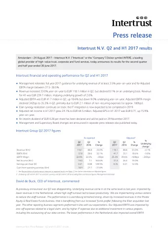 Press release  Intertrust N.V. Q2 and H1 2017 results  Amsterdam  24 August 2017  Intertrust