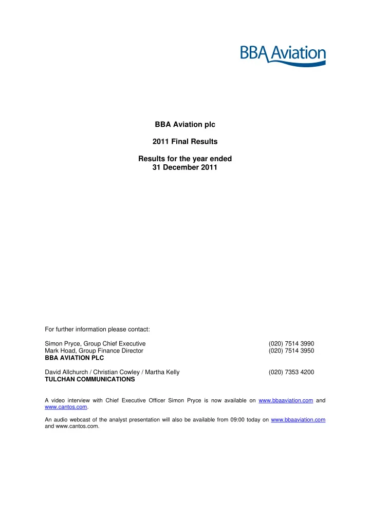 bba aviation plc 2011 final results results for the year
