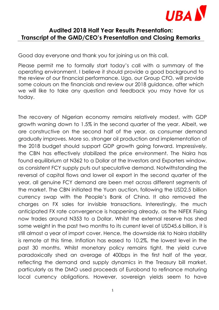 audited 2018 half year results presentation transcript of