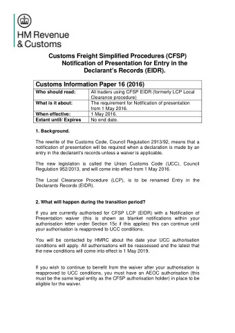Customs Freight Simplified Procedures (CFSP)  Notification of Presentation for Entry in the D