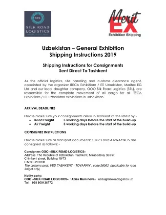 Uzbekistan  General Exhibition Shipping Instructions 2019  Shipping Instructions for